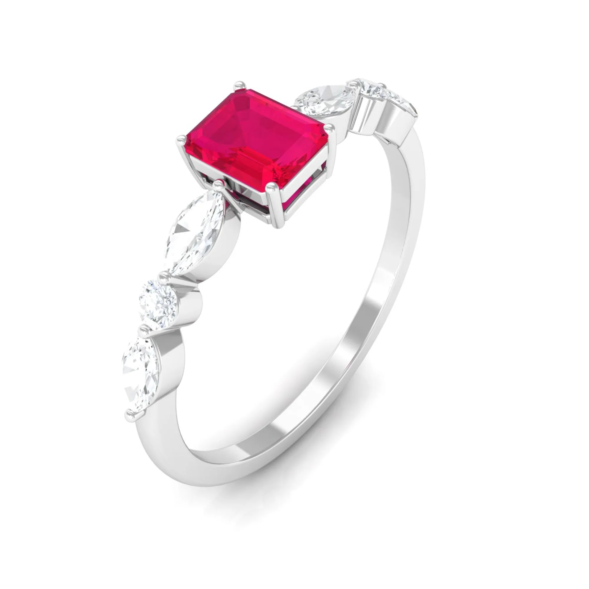 1 CT Octagon Ruby Solitaire Ring with Diamond Side Stones