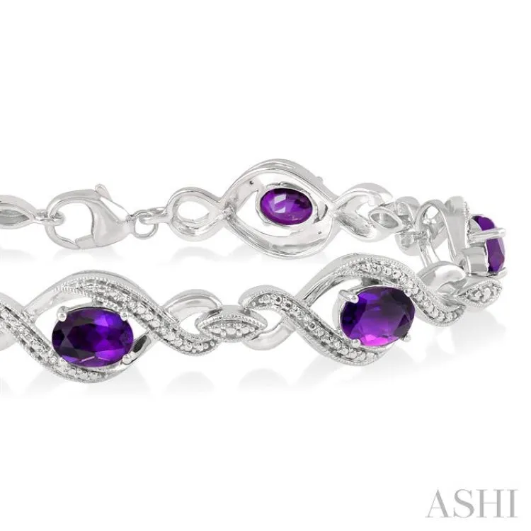 1/10 Ctw Round Cut Diamond & 7x5MM Oval Cut Amethyst Semi Precious Bracelet in Sterling Silver