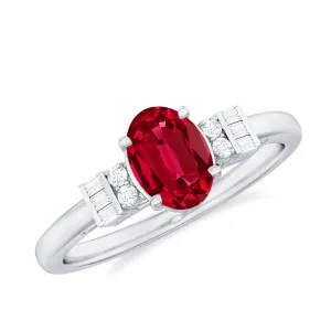 1.25 CT Oval Created Ruby Solitaire Ring with Diamond Accent