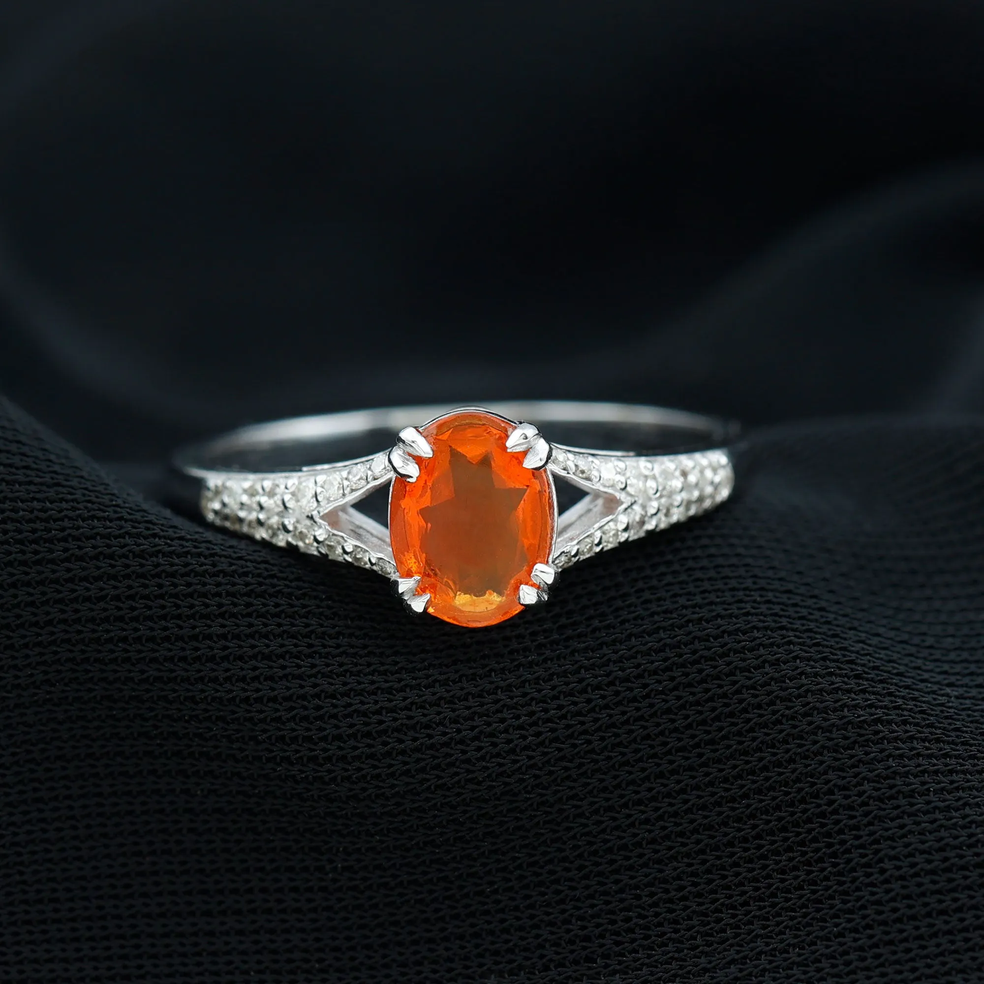 1.25 CT Split Shank Oval Fire Opal Solitaire Engagement Ring with Diamond