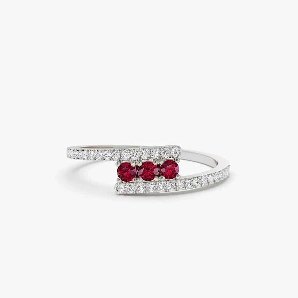 14k Cross Over Diamond Ring with Round Rubies