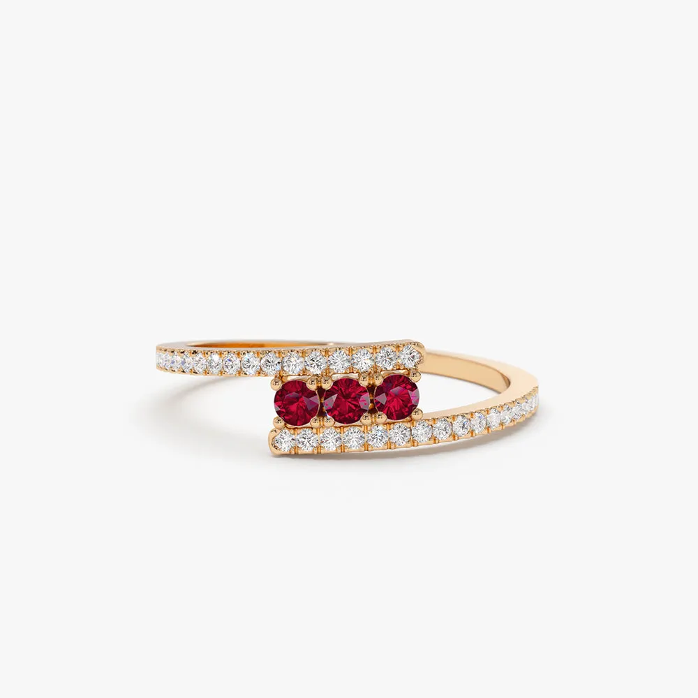 14k Cross Over Diamond Ring with Round Rubies