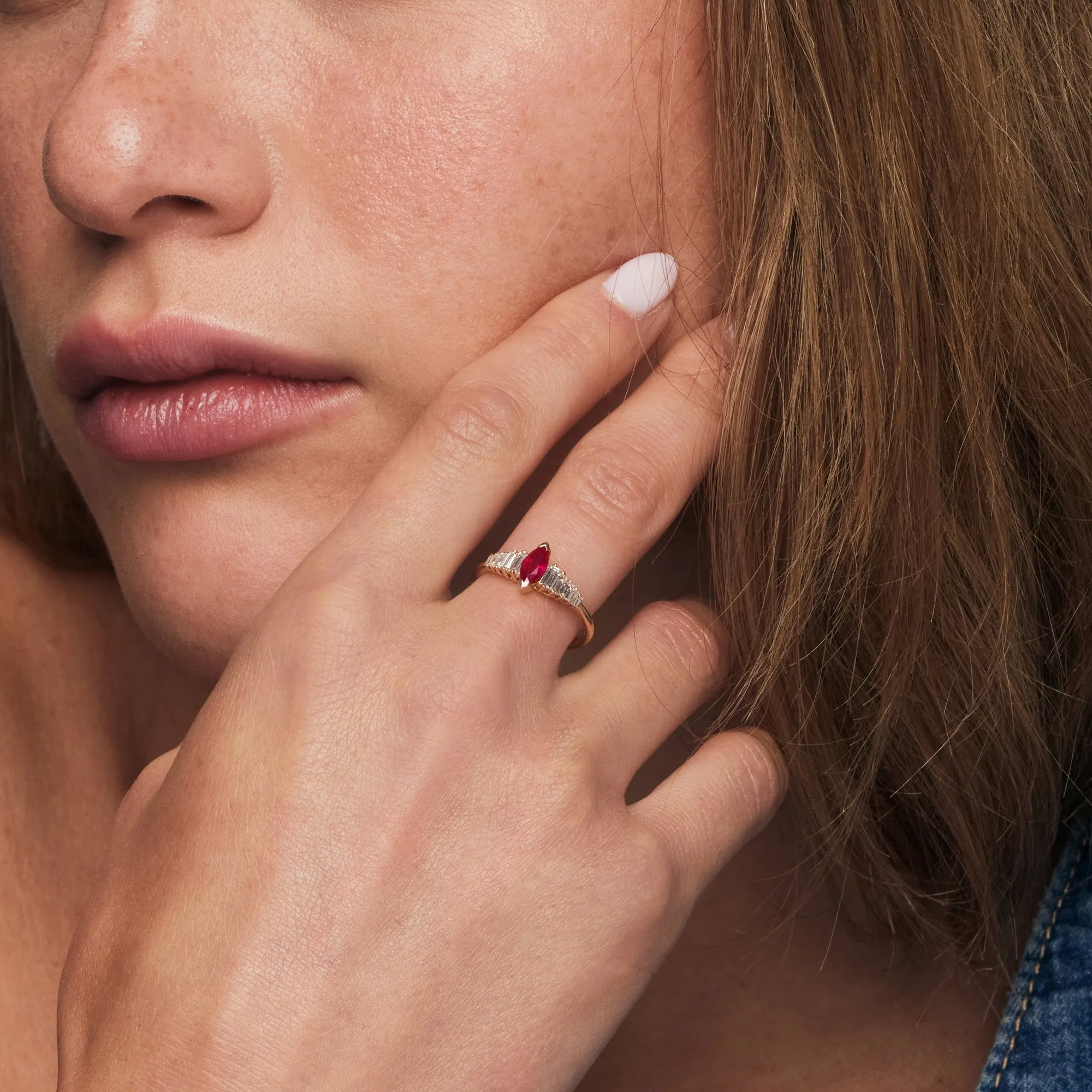 14k Gold Marquise Shape Ruby  Ring with Baguette Accents