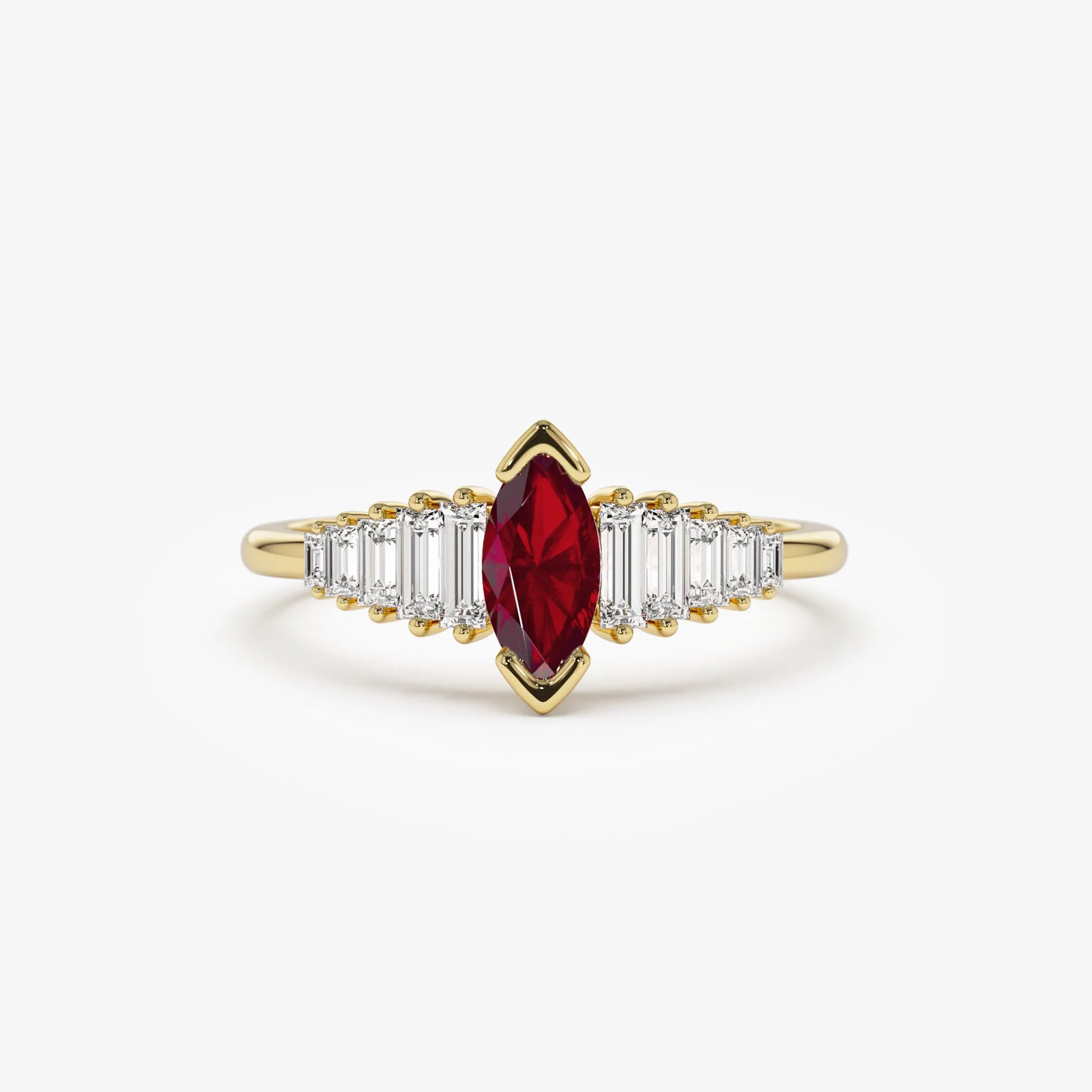 14k Gold Marquise Shape Ruby  Ring with Baguette Accents