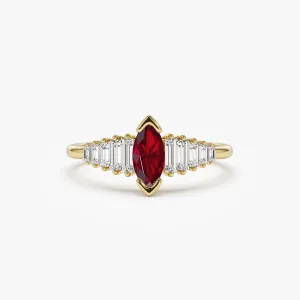 14k Gold Marquise Shape Ruby  Ring with Baguette Accents