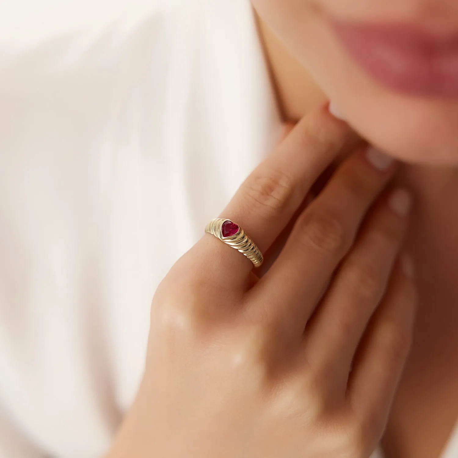 14k Heart Shape Ruby Beveled Ring