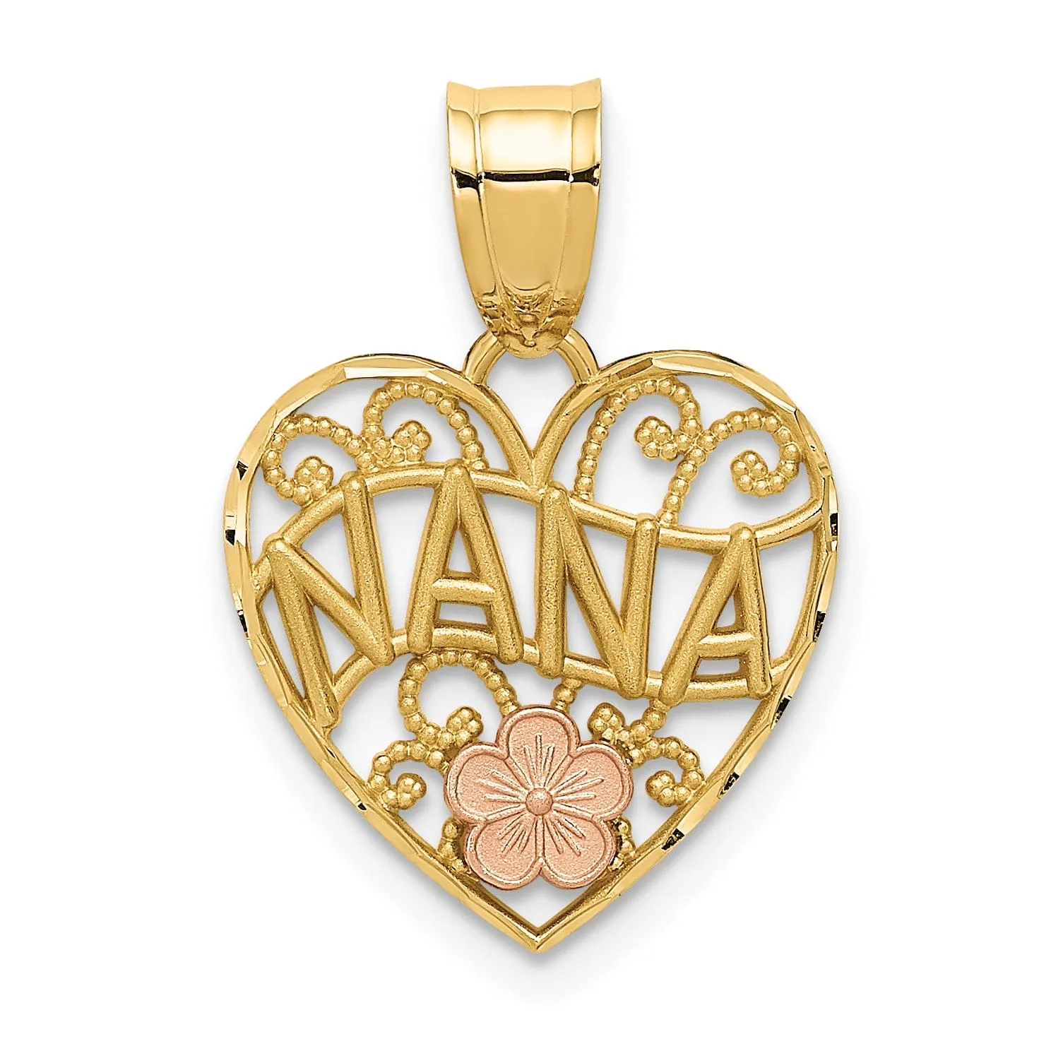 14k Two Tone Gold Polished Finish NANA Heart Shape Filigree Design Pendant