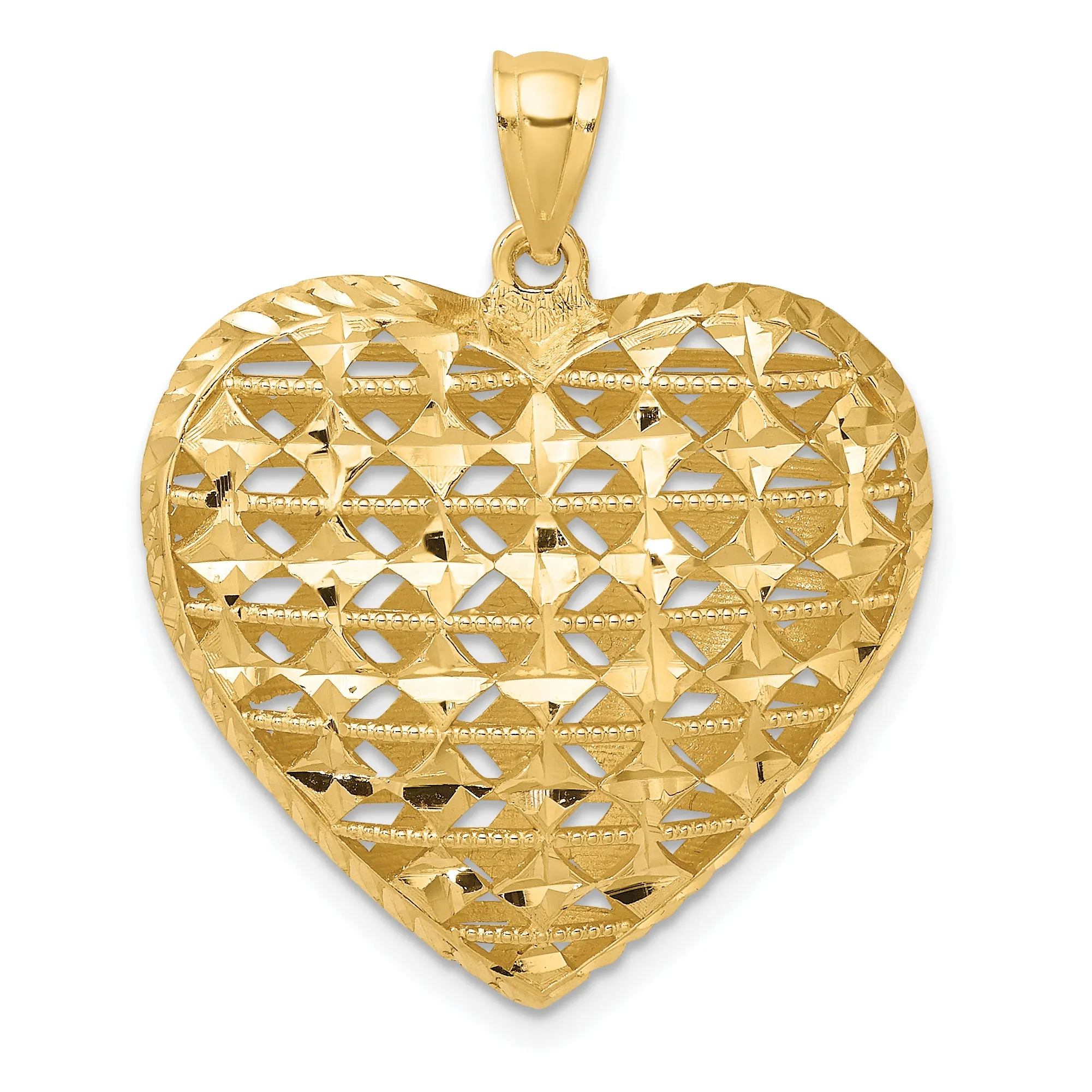 14k Yellow Gold 3-D D.C Puffed Filigree Design Heart Pendant