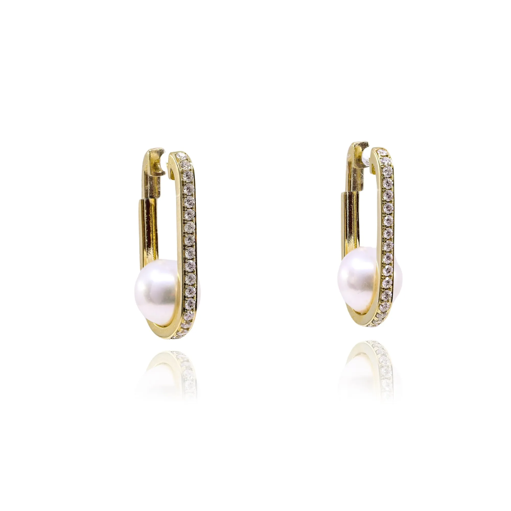 14K YELLOW GOLD DIAMOND JAPANESE CULTURED PEARL U-HOOP EARRINGS - 0.53CTW