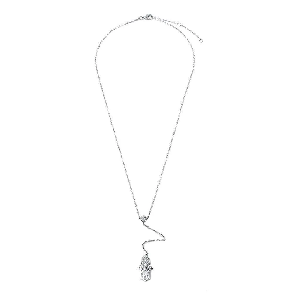 16 Inch Rhodium Plated CZ H-Hand Chain Drop