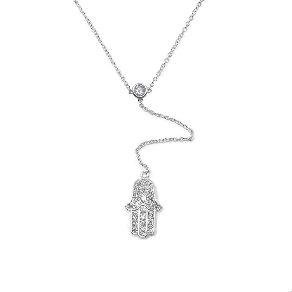 16 Inch Rhodium Plated CZ H-Hand Chain Drop