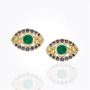 18K Evil Eye Earrings in emerald, blue sapphire and diamond