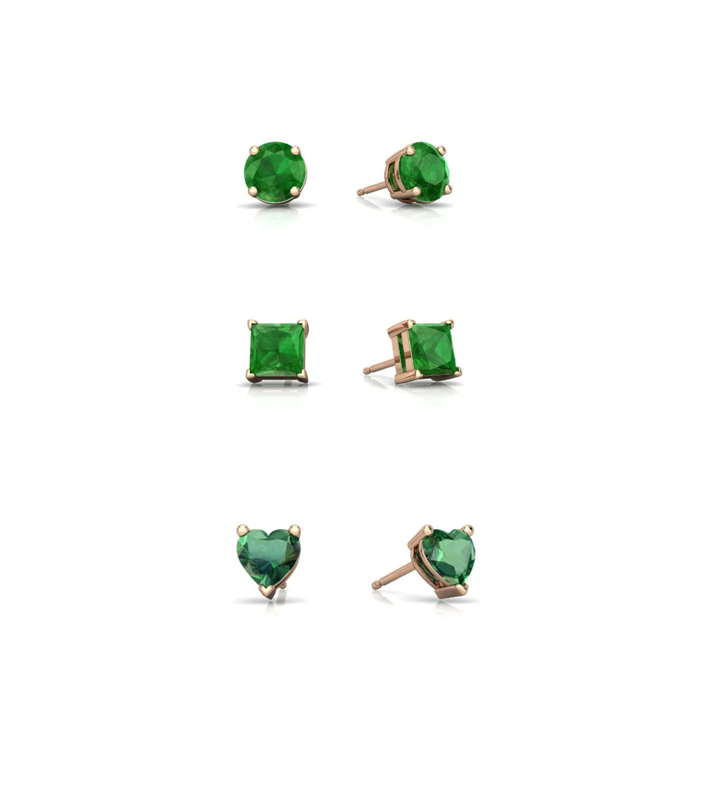 18k Rose Gold Plated 4mm Created Emerald 3 Pair Round, Square and Heart Stud Earrings