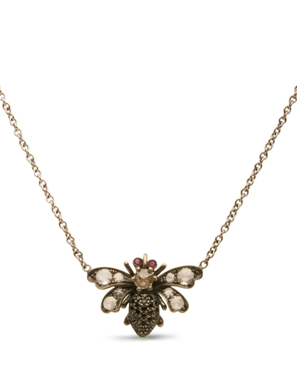 18k White Gold Diamond and Ruby Baby Bee Necklace