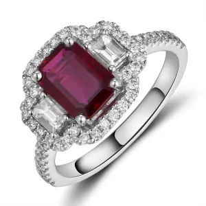 18K White Gold Rectangle Ruby Ring with Baguette Diamond Sides and Diamond Halo