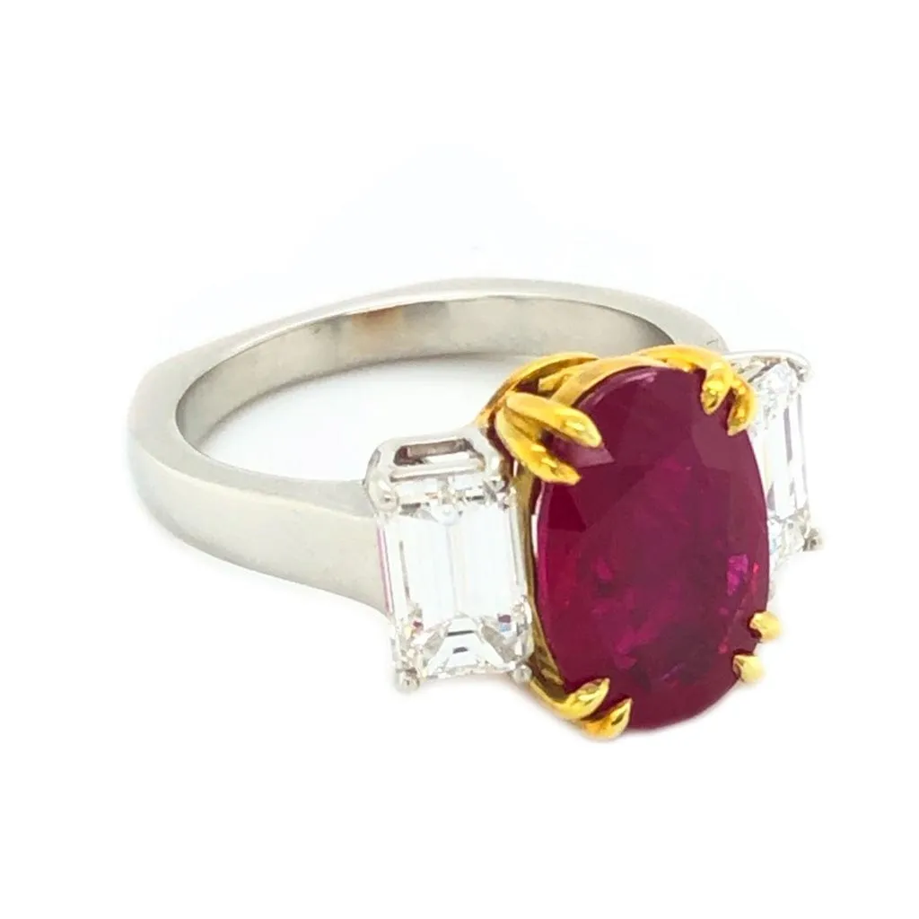 18k Yellow Gold Platinum 4.13ct Burma "Pigeon Blood" Ruby Ring GIA Certified