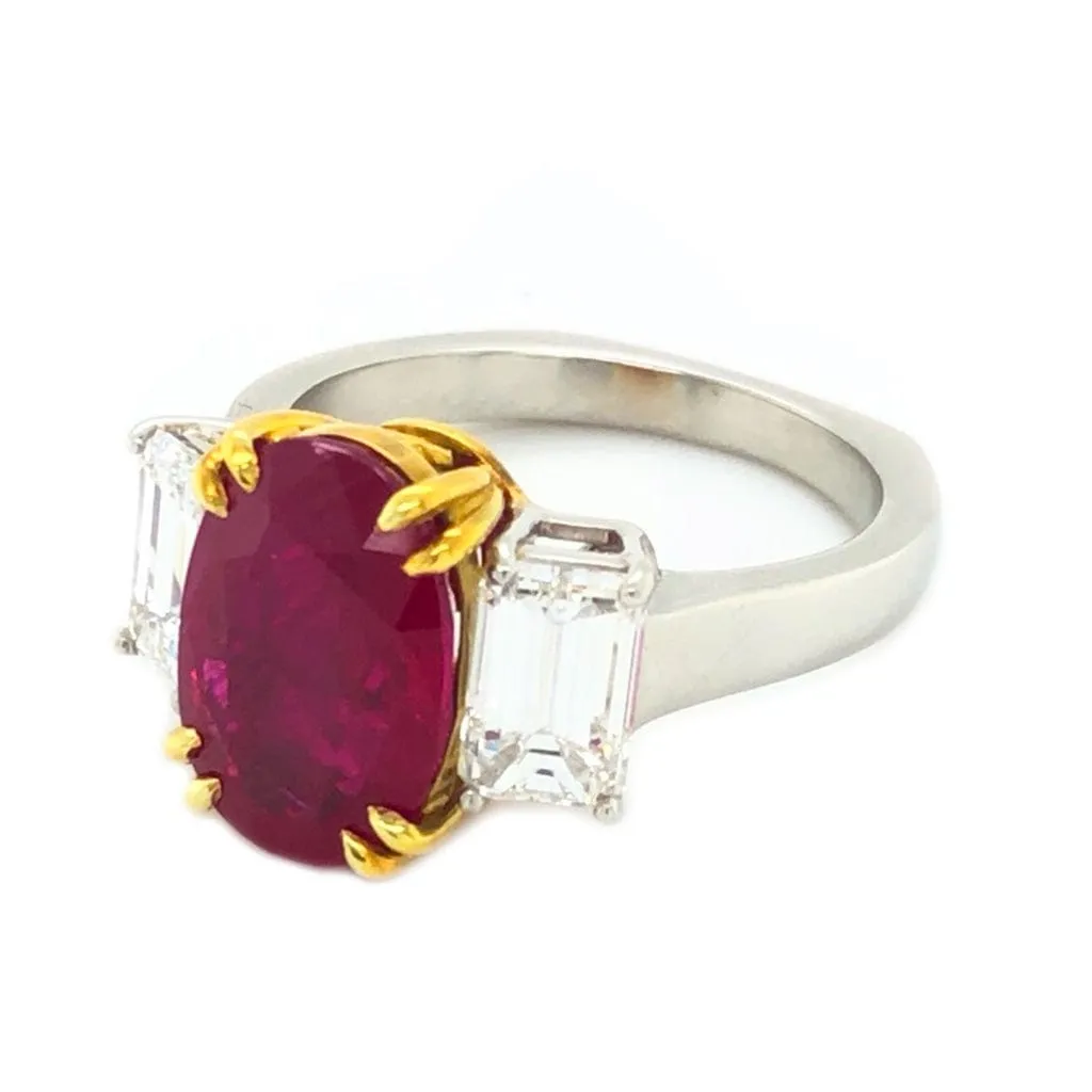 18k Yellow Gold Platinum 4.13ct Burma "Pigeon Blood" Ruby Ring GIA Certified