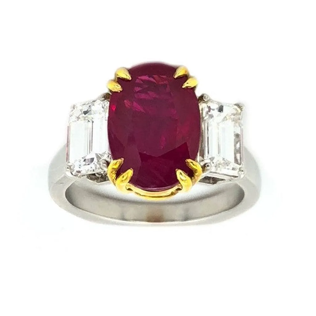 18k Yellow Gold Platinum 4.13ct Burma "Pigeon Blood" Ruby Ring GIA Certified