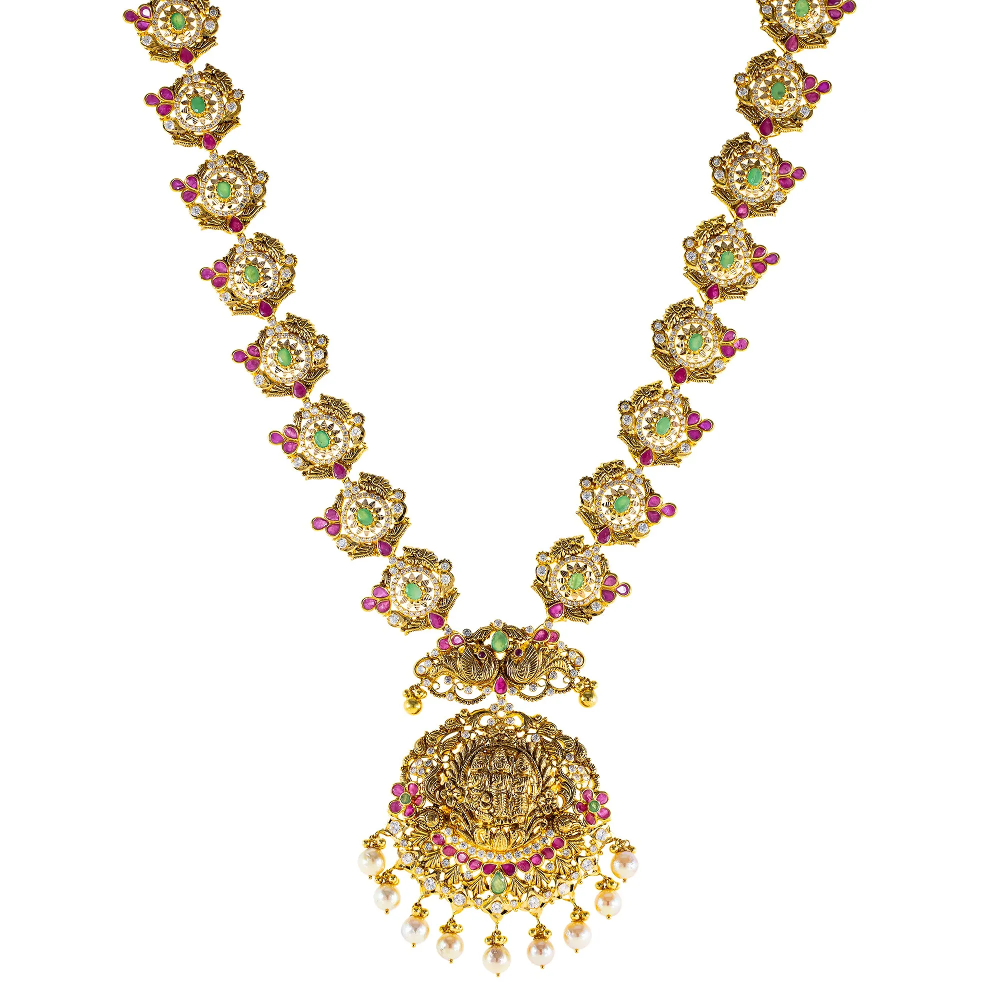 22K Antique Gold Temple Necklace w/ CZ, Emerald, Ruby & Pearl (88.8gm)