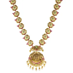 22K Antique Gold Temple Necklace w/ CZ, Emerald, Ruby & Pearl (88.8gm)