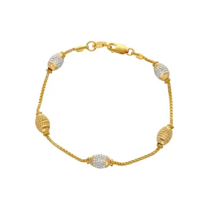 22K Multi Tone Gold Bracelet W/ Boxlink Chain & Gold Accent Oblong Beads, 7.2 Grams