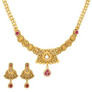 22K Yellow Gold Antique Necklace Set w/ Ruby & CZ (36.5gm)