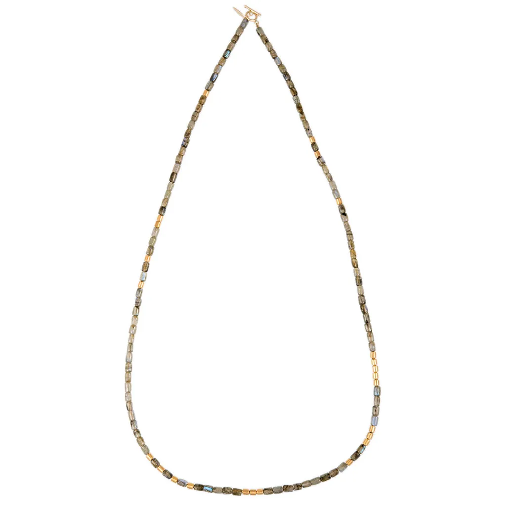 24 GOLD BEADS   LABRADORITE TUBE BEADED NECKLACE