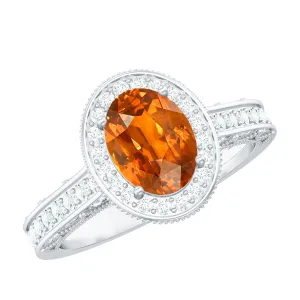 2.50 CT Created Orange Sapphire Solitaire Engagement Ring with Halo Diamond