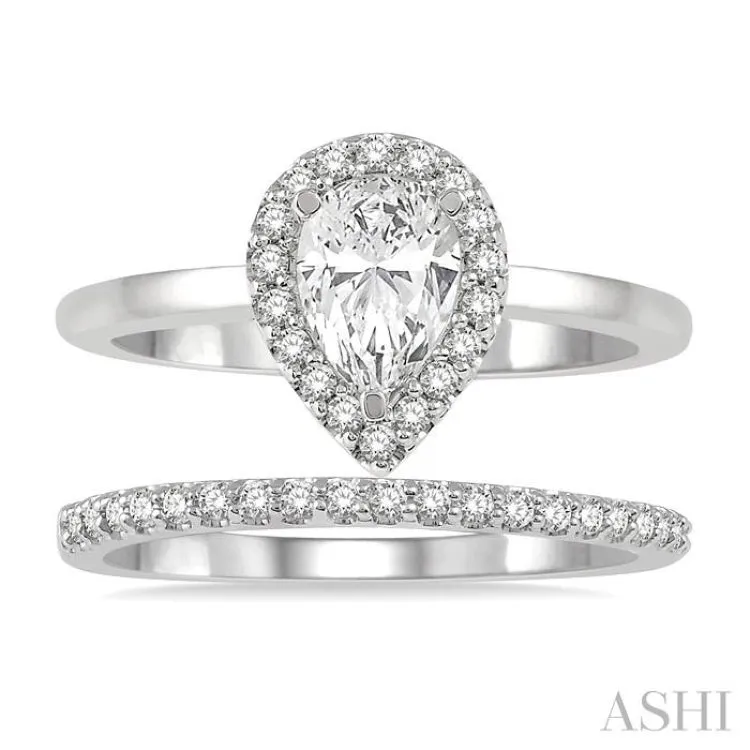 3/4 ctw Round Cut Diamond Wedding Set With 5/8 ctw Pear Cut Engagement Ring and 1/6 ctw Wedding Band in 14K White Gold