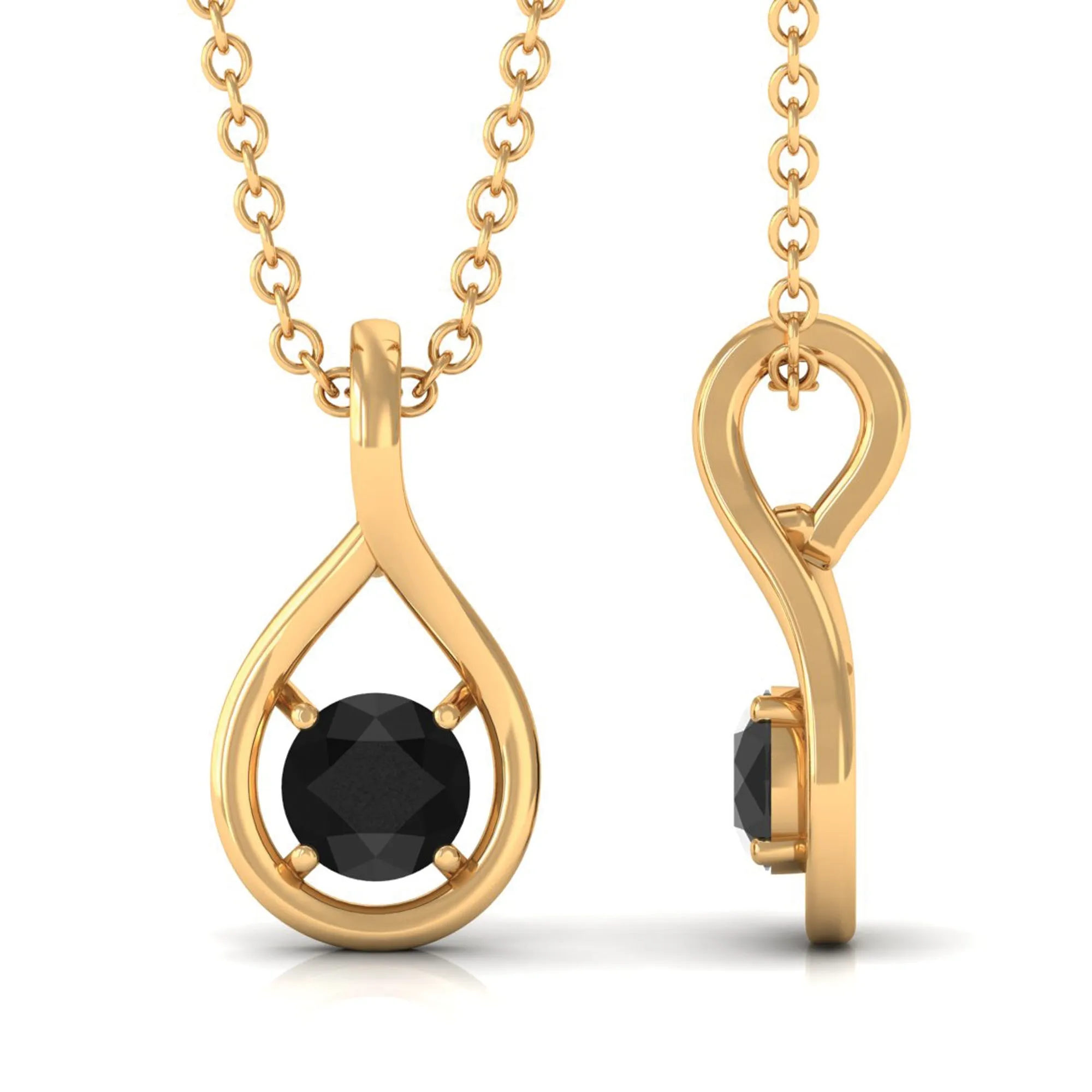 4 MM Black Onyx Solitaire and Gold Teardrop Pendant