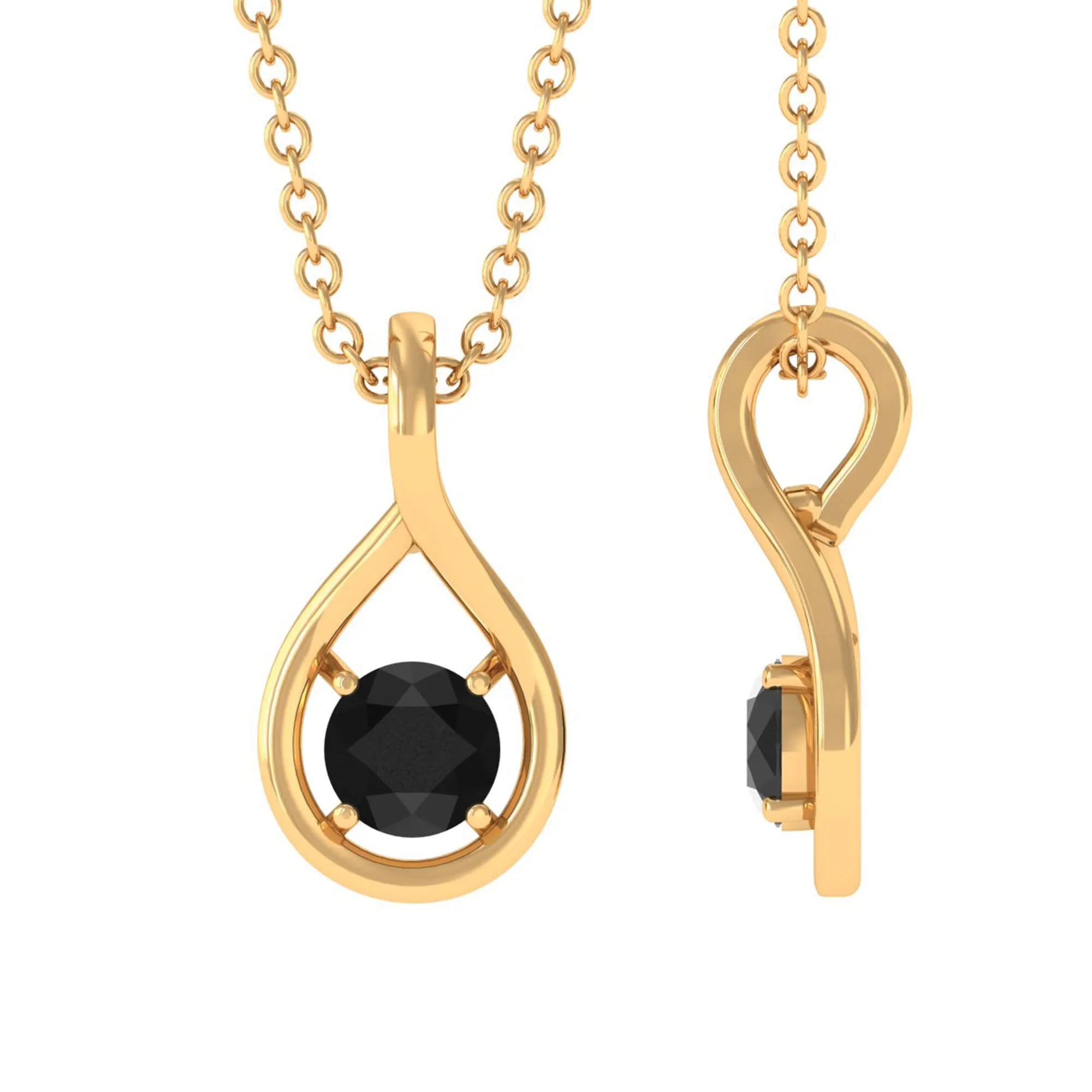 4 MM Black Onyx Solitaire and Gold Teardrop Pendant