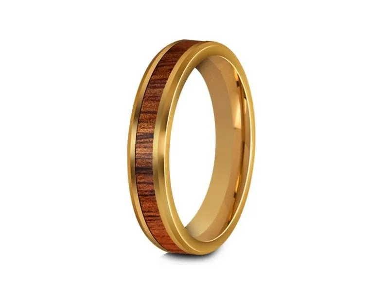 4MM HAWAIIAN Koa Wood Tungsten WEDDING BAND BEVELED AND YELLOW INTERIOR