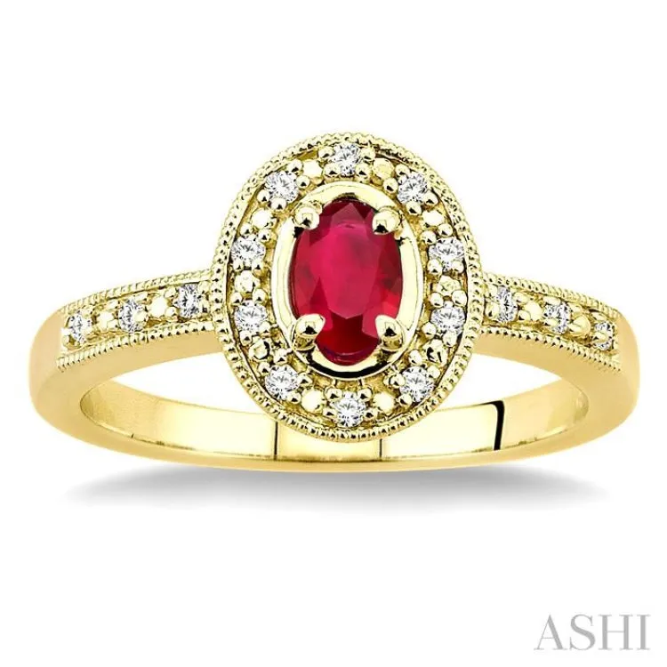 5x3mm oval cut Ruby and 1/10 Ctw Single Cut Diamond Ring in 10K Yellow Gold.