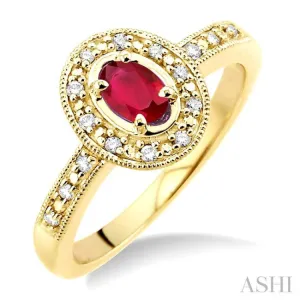 5x3mm oval cut Ruby and 1/10 Ctw Single Cut Diamond Ring in 10K Yellow Gold.