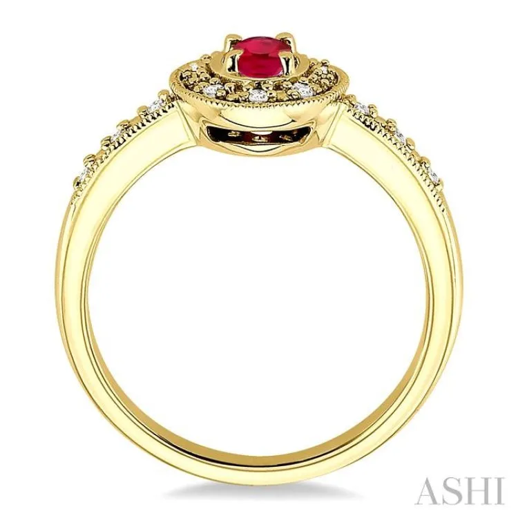 5x3mm oval cut Ruby and 1/10 Ctw Single Cut Diamond Ring in 10K Yellow Gold.