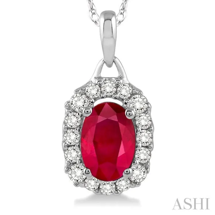 6x4 MM Oval Cut Ruby and 1/6 Ctw Round Cut Diamond Pendant in 14K White Gold with Chain