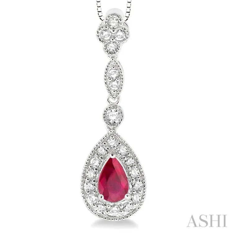 6x4MM Pear Shape Ruby and 1/4 Ctw Round Cut Diamond Pendant in 14K White Gold with Chain