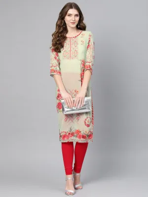 Ahalyaa Green & Coral Pink Floral Print Straight Kurta