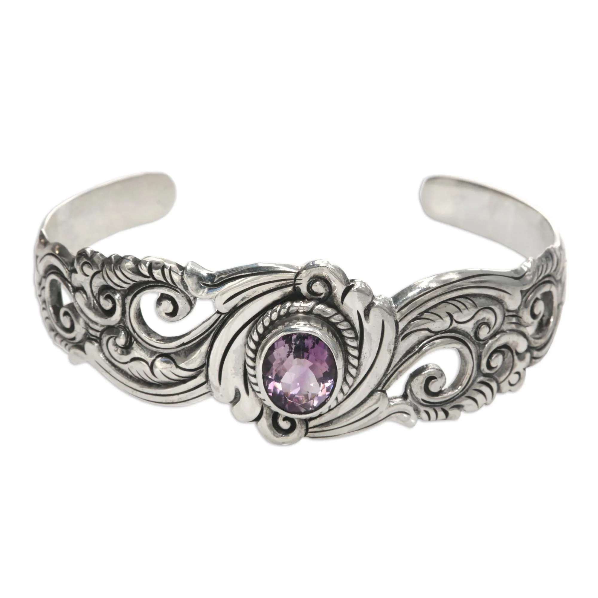 Amethyst & Silver Floral Paisley Cuff Bracelet