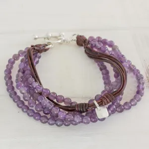 Amethyst Leather and Fine Silver Beaded Wristband Bracelet - Feminine Sweetness | NOVICA