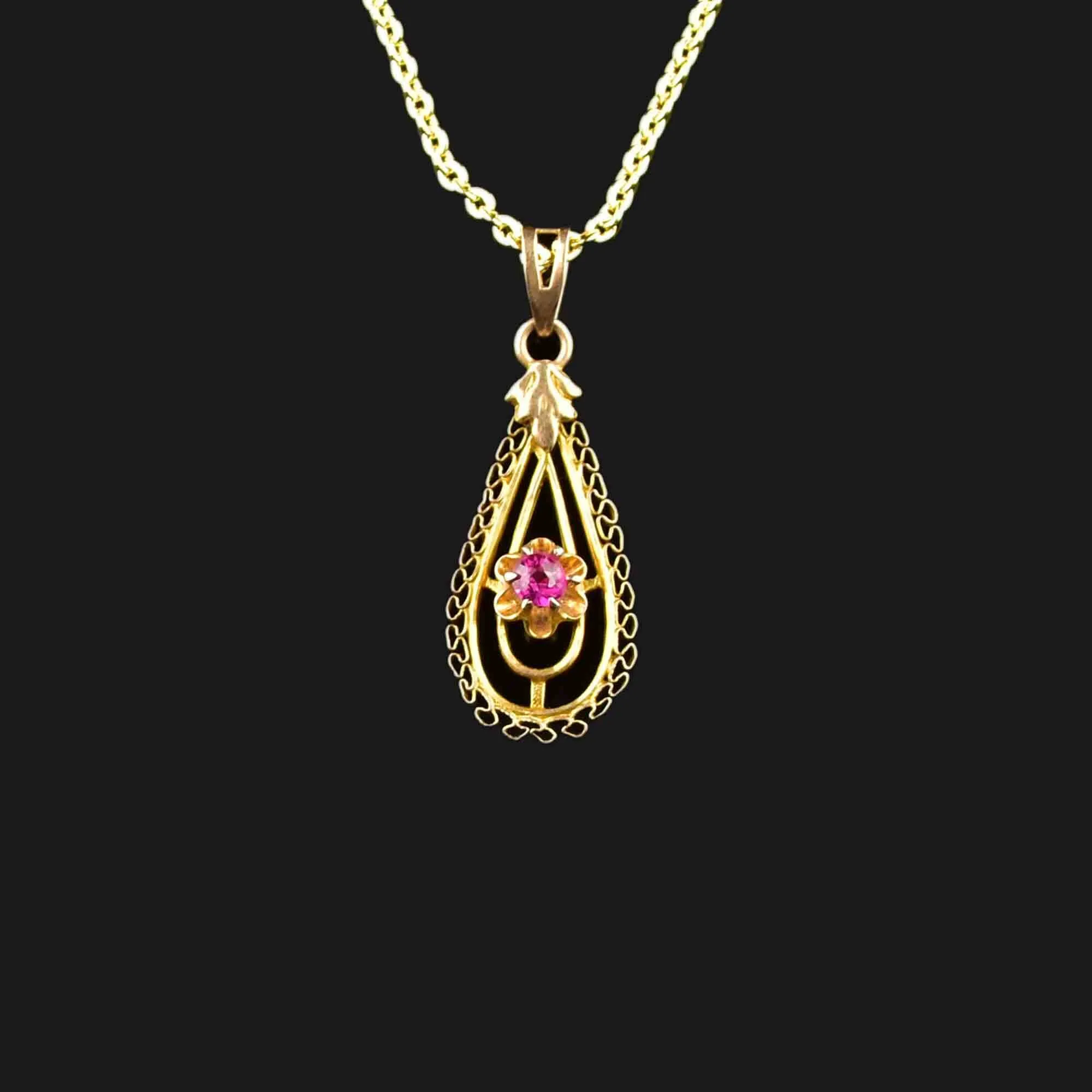 Antique 10K Gold Ruby Lavalier Pendant Necklace