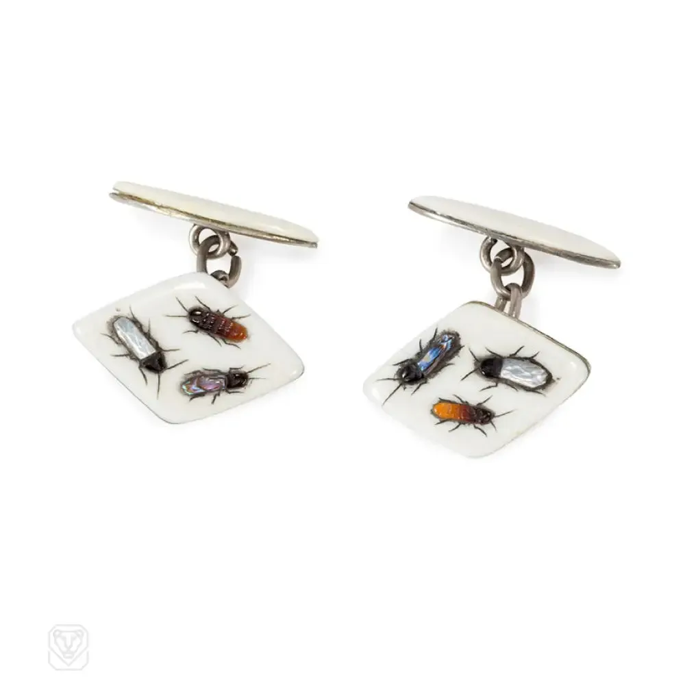 Antique shibayama and silver insect motif cufflinks, Japan