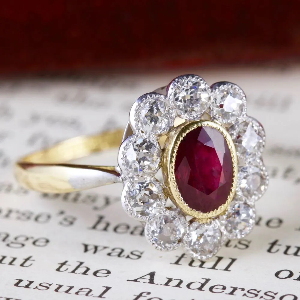 Antique Victorian Ruby Diamond Cluster Ring