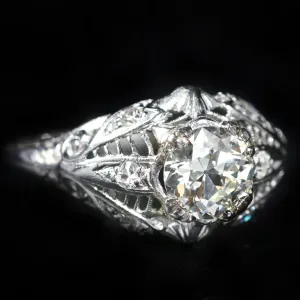 Art Deco Platinum GIA 0.91 Carat Old European Cut Diamond Ring