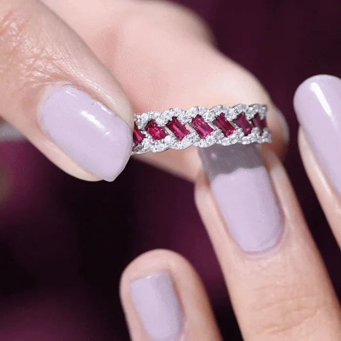 Baguette Created Ruby Braided Eternity Band Ring with Diamond