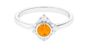 Bezel Set Orange Fire Opal Flower Engagement Ring with Diamond