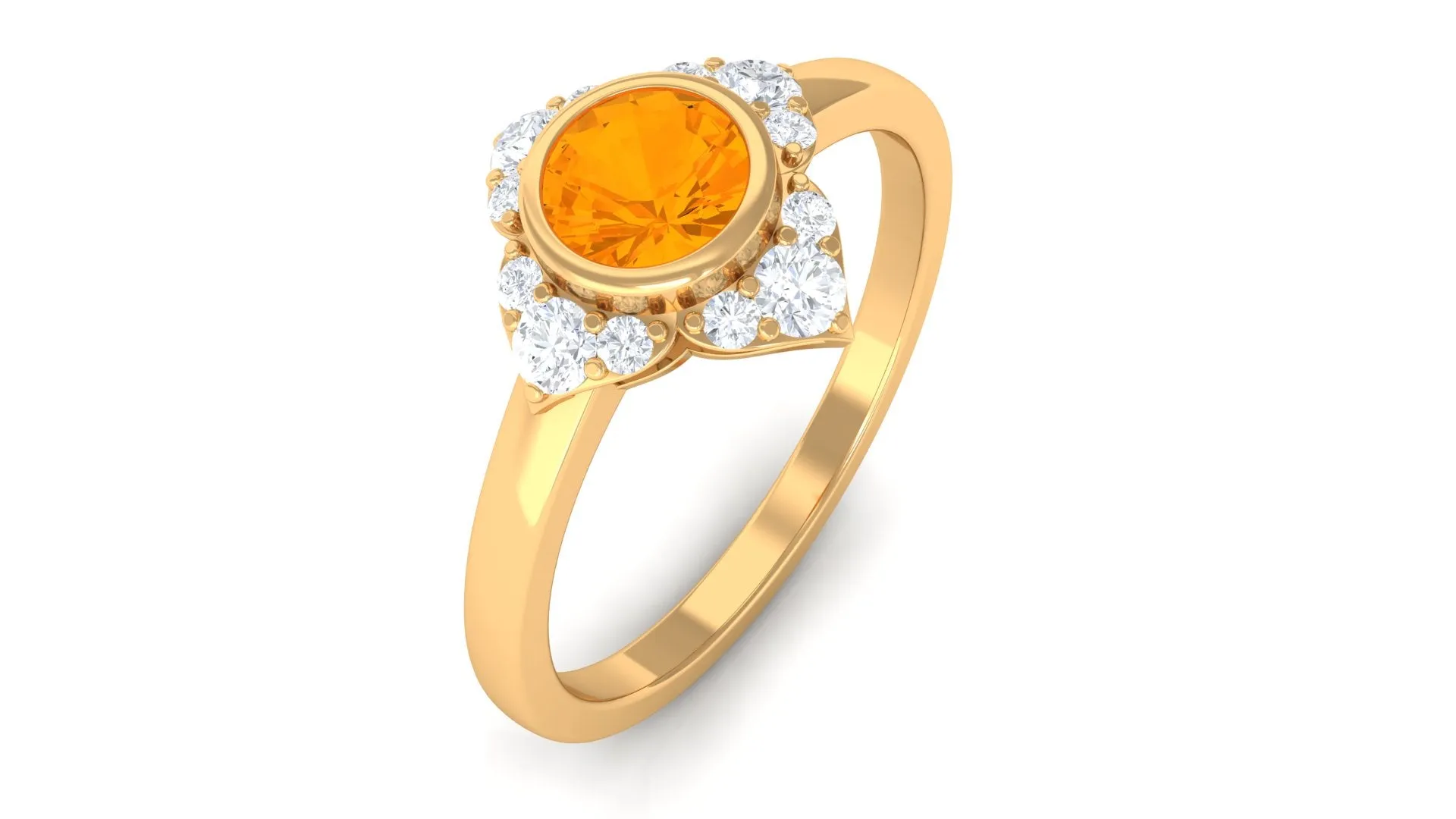 Bezel Set Orange Fire Opal Flower Engagement Ring with Diamond