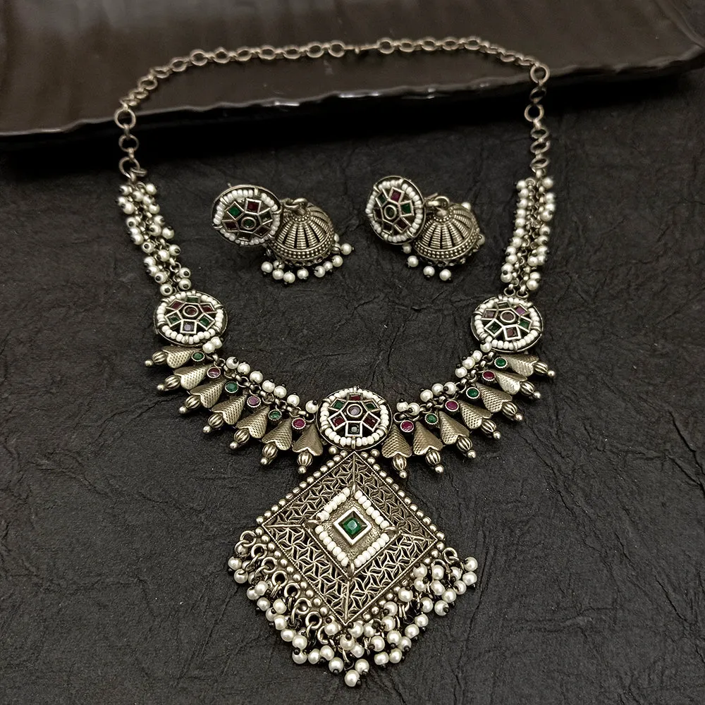 Bhavi Jewel Oxidised Plated Pearl Necklace Set