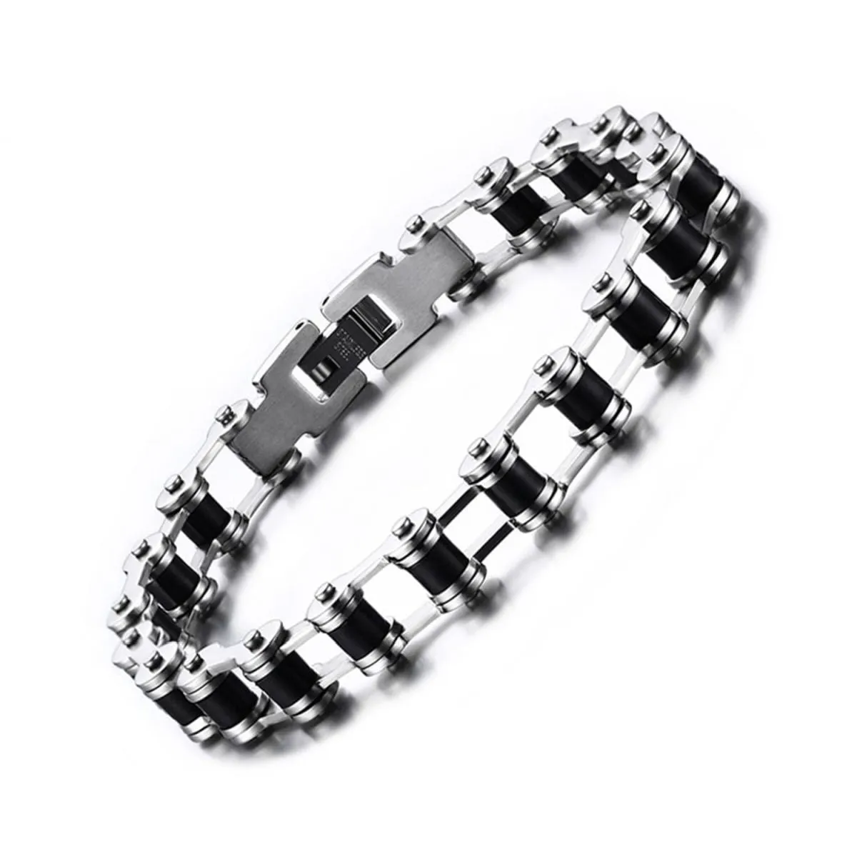 Bike Motor Cycle Chain Black Silver Stainless Steel Bracelet Men