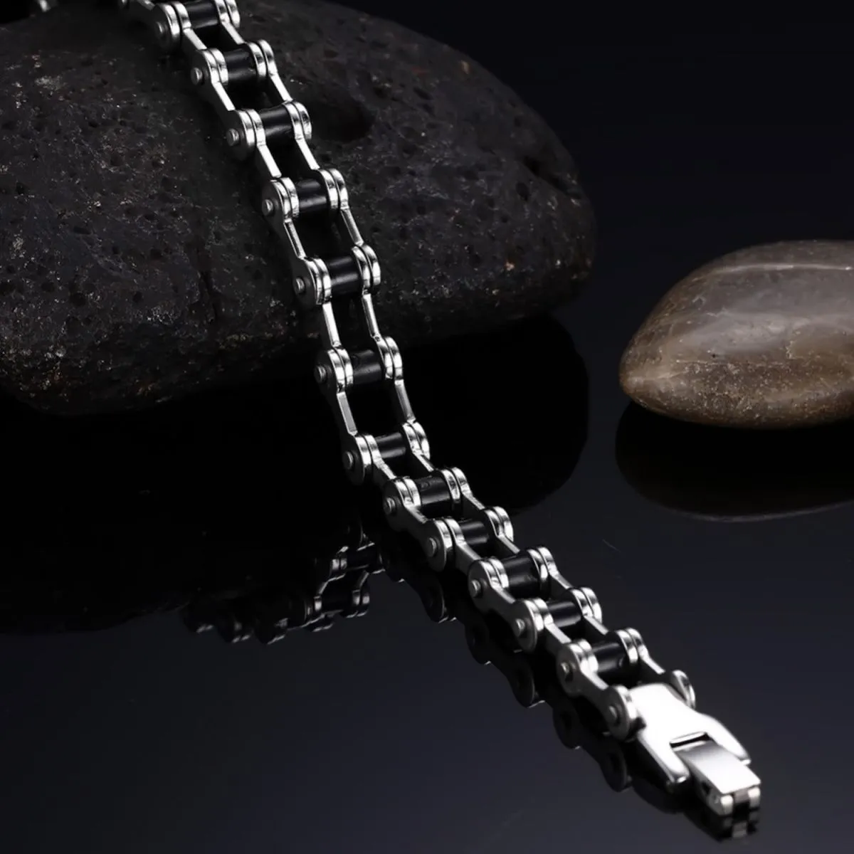 Bike Motor Cycle Chain Black Silver Stainless Steel Bracelet Men